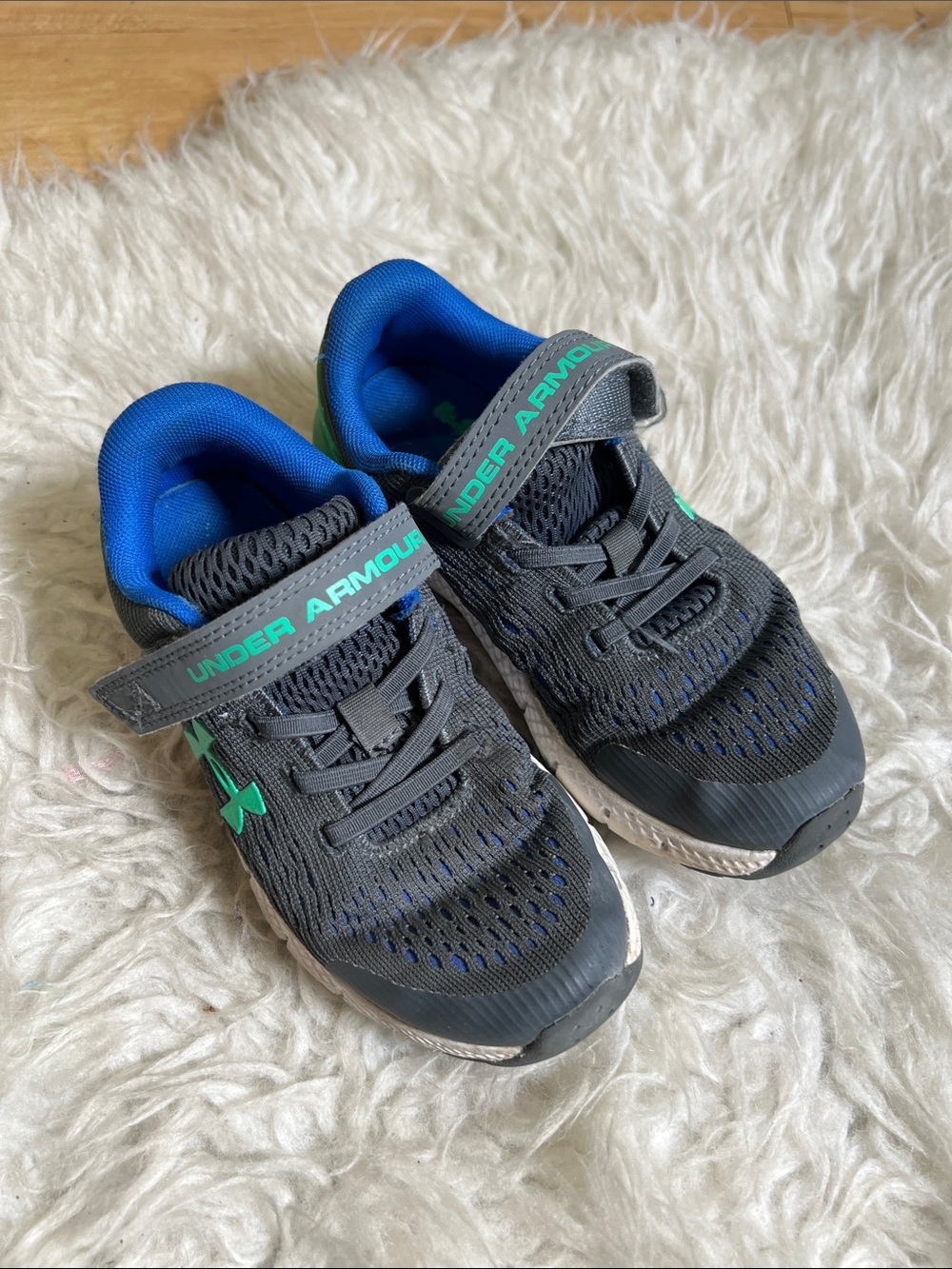 Under Armour Kids Gray Sneakers with Blue & Green Accents